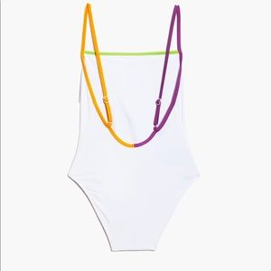 SOLID & STRIPED: White One-Piece Swimsuit w/Color Pop Trim